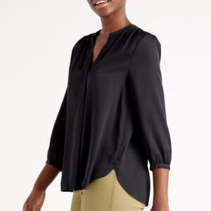 NWT Quince - Women's Washable Stretch Silk V- Neck 3/4 Sleeve Blouse Black SZ XS